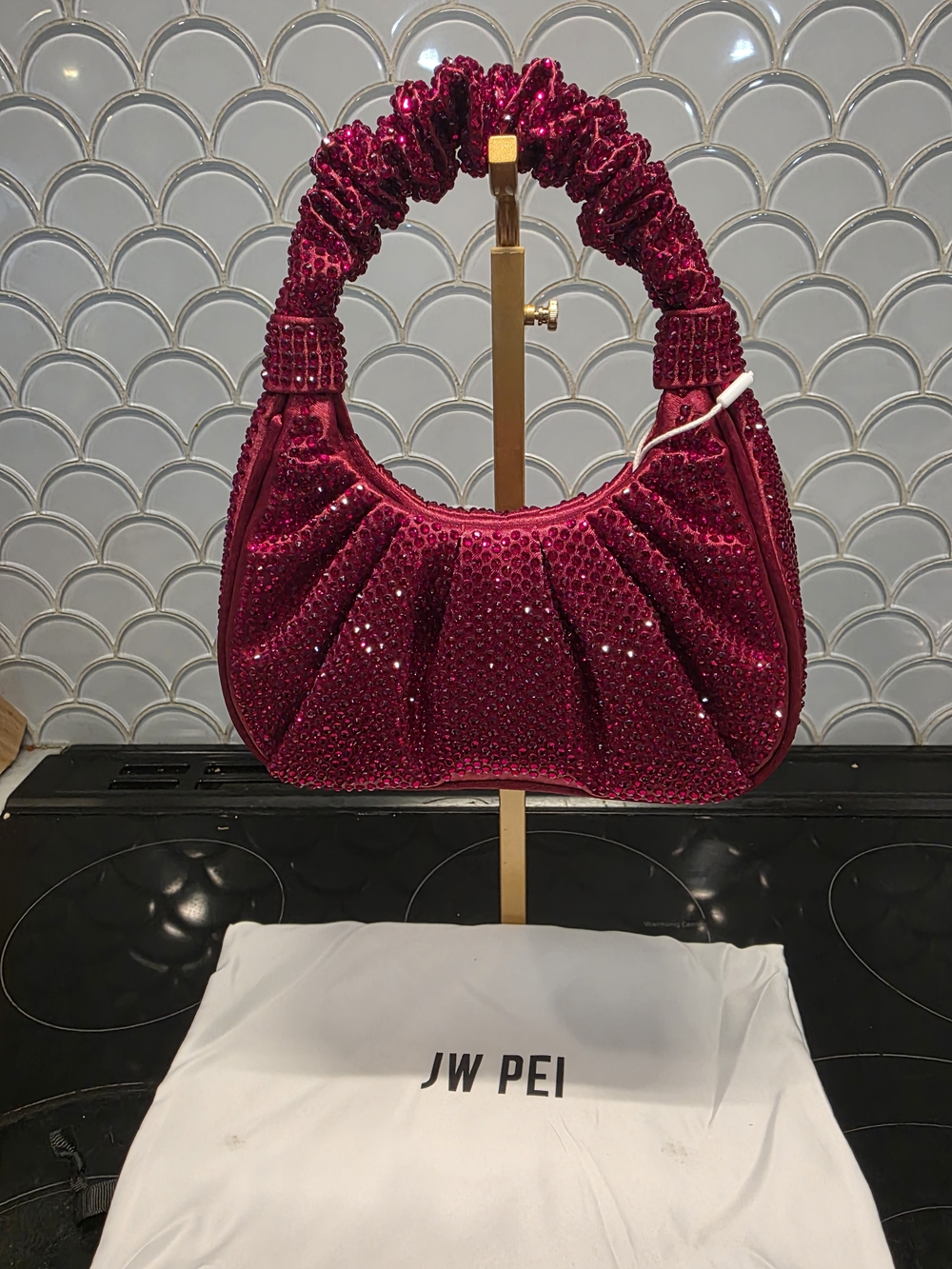 JW PEI Red Crystal-Embellished Ruched Top-Handle Shoulder Bag